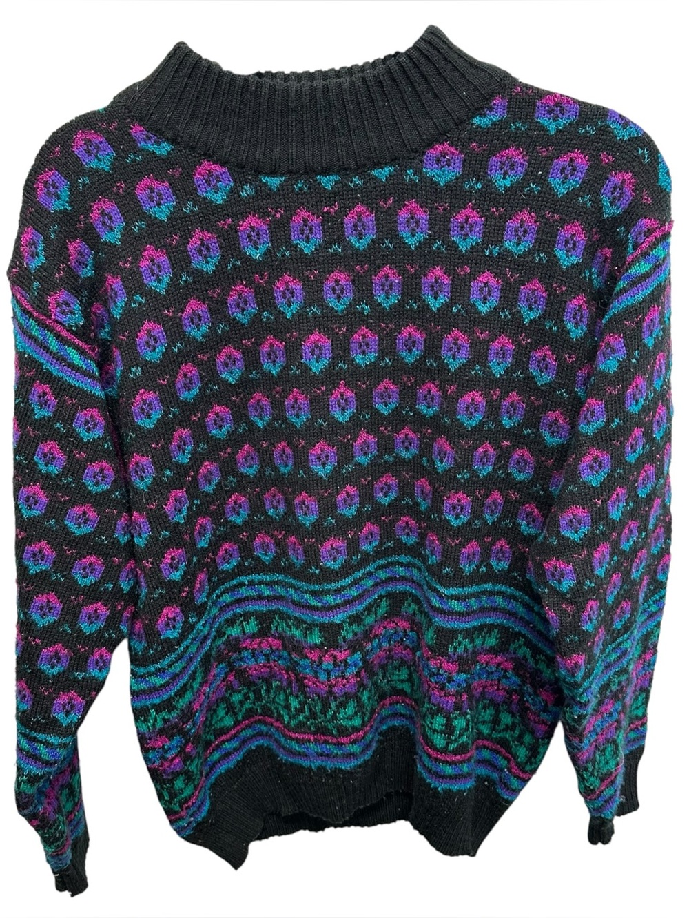 Persuasion Womens Black Patterned sweater Round Neck Knit Acrylic M vintage 80s